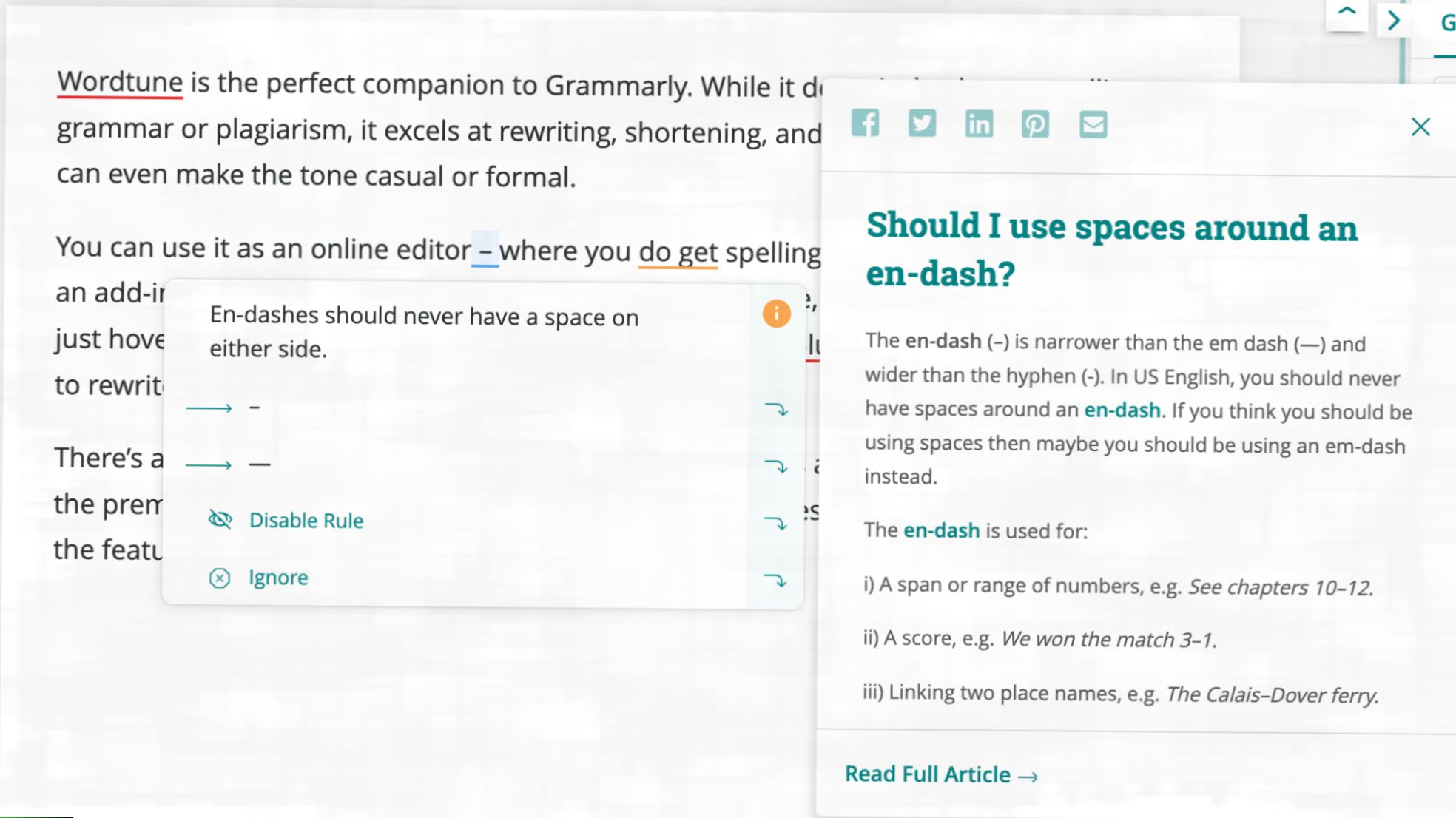 El corrector gramatical AI de Wortune le dice al usuario que los guiones no deben tener espacios en ninguno de los lados